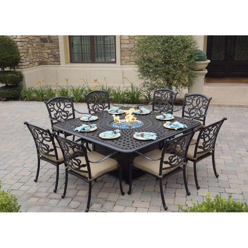 Lark Manor Byrge 9 Piece Patio Propane Fire Pit Dining Set with Cushions and 64 Square Fire Pit Dining Table Reviews Wayfair